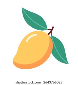 Ripe mango with smooth orange-yellow skin and green leaf, isolated on white background. For tropical, summer, vacation, card and healthy food design. Flat vector cartoon illustration.