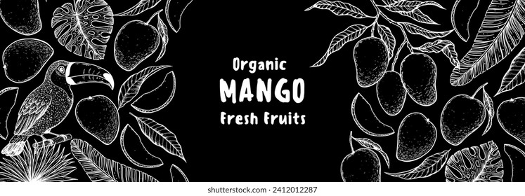 Ripe mango and toucan bird. Hand drawn vector illustration. Tropical fruit. Packaging design, menu design, juice packaging. Mango frame.