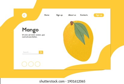 Ripe mango, whole, and half sliced mango. Sweet mango fruits vector hand drawn landing page design. mango seed, leaves. Juice or jam website page concept.