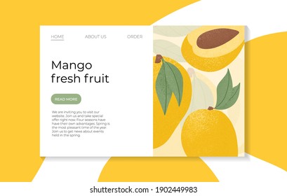 Ripe mango, whole, and half sliced mango. Sweet mango fruits vector hand drawn landing page design. mango seed, leaves. Juice or jam website page concept.