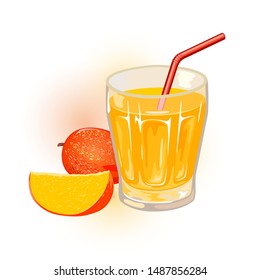 Ripe mango, whole and slice are next to glass of yellow nectar, juice with straw. Aam panna. Tropical stone fruit and sweet beverage, drink in transparent cup. Cartoon vector icon isolated on white.