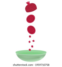 Ripe maroon beetroot falls in pieces into a plate on a white background
