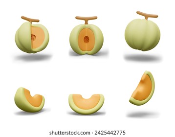 Ripe melon with cut off slice. Set of realistic objects, front and side view