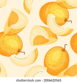 Ripe melon seamless pattern. Summer banner concept. Vector illustration.