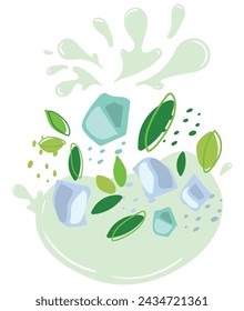 Ripe mint and ice cube with splashes of juice. Vector illustration of organic fruit juice. Eco label concept for natural mint flavor. Design of vape, juice, smoothie.