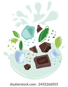 Ripe mint and ice cube with splashes of juice and chocolate. Vector illustration of organic drink. Eco label concept for natural mint and chocolate flavor. Design of vape, juice, smoothie.
