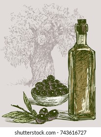 The ripe olives and olive oil 