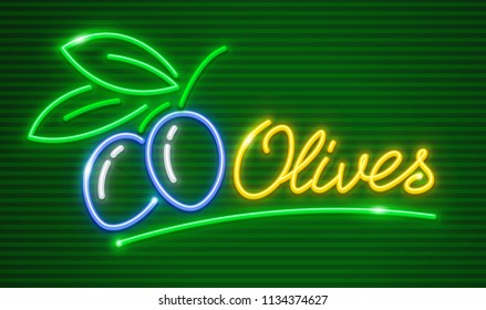 Ripe olives on branch with green leaves. Neon icon logotype for extra virgin olive oil. EPS10 vector illustration.
