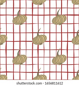 Tapa de cebolla sin fisuras en el fondo blanco. Papel tapiz de verduras de la bombilla dibujada a mano. Textura orgánica. Diseño de tejidos, tejidos textiles, papel de envolver, productos textiles de cocina. Ilustración del vector