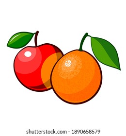 naranja natural y manzana aisladas en un fondo blanco. Dibujar frutas con hojas. Ilustración vectorial.