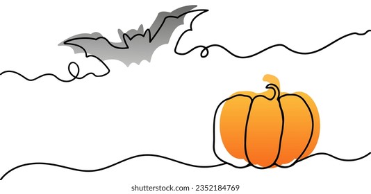 Calabaza clara de color naranja puro y murciélago con estilo de arte en línea, pancarta con espacio de copia sobre fondo blanco, concepto de halloween feliz, cosecha de otoño, halloween. Diseño para publicidad, volantes, invitaciones