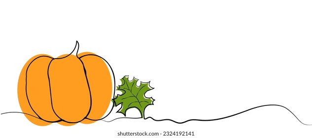Ripe orange color pumpkin and maple autumn leaf in line art style, banner with copy space on white background, happy halloween concept, harvest, halloween. Design for advertising, flyers, invitations