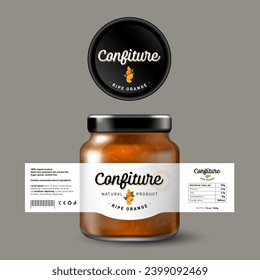 Ripe Orange confiture. Sweet food. White label with fruit and letters. Mock up of Glass Jar with Label.