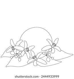 Ripe orange with flowers, buds and leaves on a white background. Black and white. Fruit composition. Vector illustration for coloring book.