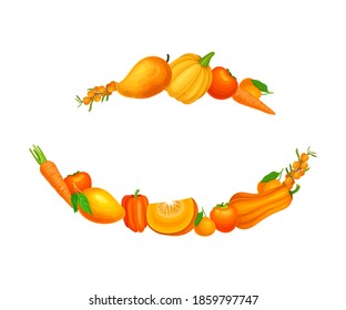 Ripe Orange Fruits and Vegetables Borders Vector Illustration