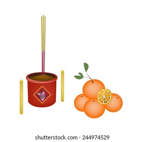 Ripe Orange with Joss Sticks and Burning Candles, Signal for Chinese New Year Celebration. 