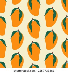 Ripe orange mango hand drawn vector illustration. Thailand tropical fruit in flat style seamless pattern for fabric or wallpaper.