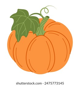 Calabaza naranja madura con hoja verde. Estilo plano de moda dibujado a mano aislado sobre fondo transparente Comida orgánica, cosecha de otoño, Acción de Gracias, Halloween. Ilustración vectorial de menú vegetariano saludable