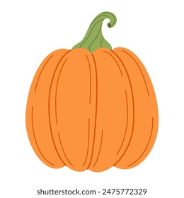Ripe orange pumpkin. Hand drawn trendy flat style isolated on transparent background. Organic food, Autumn Harvest, Thanksgiving, halloween concept. Healthy vegetarian menu. Vector illustration