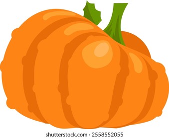 Ripe orange pumpkin with prominent ridges and a green stem, freshly picked from the garden, embodying the essence of autumn harvest and healthy eating