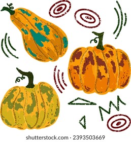 Ripe orange pumpkins. Vector grainy set of texture elements, cartoon style, doodle, grunge texture, colored pencil, old paint, crayon, pastel, pencil. Vector collection.