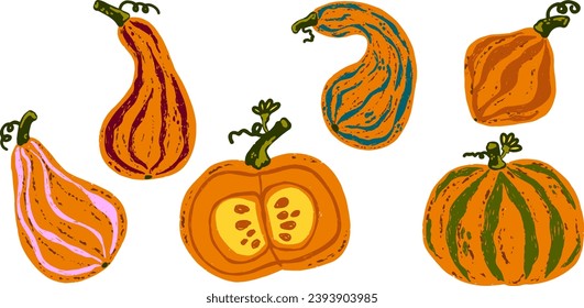 Ripe orange pumpkins. Vector grainy set of texture elements, cartoon style, doodle, grunge texture, colored pencil, old paint, crayon, pastel, pencil. Vector collection.