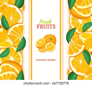 Ripe orange vertical seamless border. Vector illustration card with composition Juicy fresh mandarin fruits slice, leaf for design tea, ice cream, natural cosmetics, health care products, detox diet.