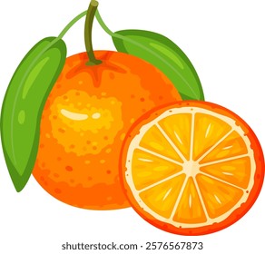 Ripe orange with vibrant green leaves is presented alongside a perfectly sliced section, revealing the succulent, juicy texture and segments of the fruit