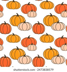 Calabazas maduras de color naranja y blanco, patrón de Vector sin fisuras, cosecha de otoño y concepto de Acción de Gracias, fondo decorativo, Fondo de pantalla, impresión textil, embalaje.