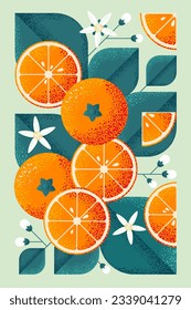 Ripe oranges with leaves and flowers. Illustration with grain and noise texture. 