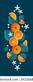 Ripe oranges with leaves and flowers. Illustration with grain and noise texture. 