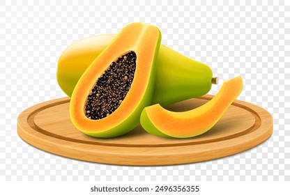 Papaya madura en bandeja de madera o tabla de cortar, aislada sobre fondo transparente. Pawpaw, mitad papaya con semillas, rebanada y fruta entera jugosa. Fruta tropical y exótica. Ilustración vectorial 3D realista.