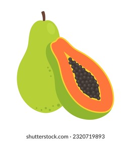 Ripe papaya whole fruit and half isolated on white background. Carica papaya, papaw or pawpaw icon. Vector illustration of tropical exotic fruits in flat style.