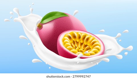 Ripe passion fruit in a milk splash isolated on blue background. Fresh passion fruit dropping into milk or yogurt splash. Milkshake splash with ripe passion fruit. Realistic 3d vector illustration