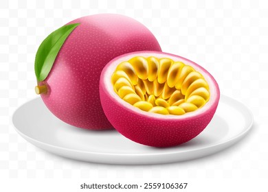 Ripe passion fruit on a white plate isolated on a transparent background. Whole, half and sliced of maracuya. Healthy vitamin food. Realistic 3d vector illustration