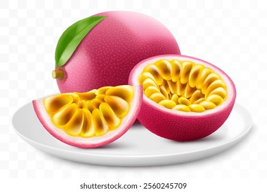 Ripe passion fruit on a white plate isolated on a transparent background. Whole, half and sliced of maracuya. Healthy vitamin food. Realistic 3d vector illustration