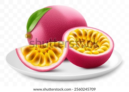 Ripe passion fruit on a white plate isolated on a transparent background. Whole, half and sliced of maracuya. Healthy vitamin food. Realistic 3d vector illustration