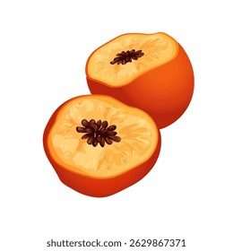 Fruta de pêssego madura cortada em meio vetor. Pêssego dividido com semente em estilo colorido
