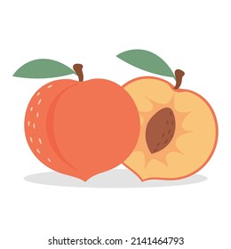 Ripe the peach fruit and half of the peach. Isolated on white background.