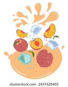 Ripe peach and ice cubes with splashes of juice. Vector illustration of organic fruit juice. Eco label concept for natural peach flavor with ice. Design of vape, juice, smoothie.