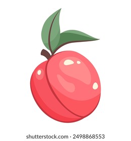 Ripe peach isolated on white background. Fruit sticker. Whole pink peach with leaves close up. Fresh ripe fruit top view. Natural food. Vector illustration for healthy lifestyle, good nutrition