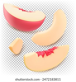 Ripe peach pieces. Vector illustration of 3D stylized fruits.