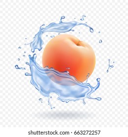 Ripe peach vector realistic icon with water splash