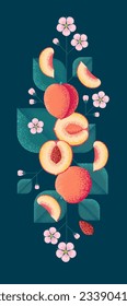 Ripe peaches with leaves and flowers. Illustration with grain and noise texture. 