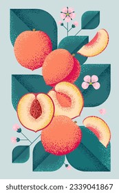 Melocotones maduros con hojas y flores. Ilustración con textura de grano y ruido. 