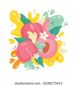 Ripe peaches, peach slices, leaves, and blossoms combine with colorful juice splashes in a dynamic and refreshing summer themed illustration