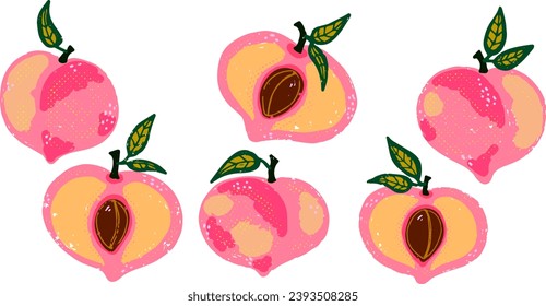 
Ripe peaches and peach slices with pits. Vector grainy set of texture elements, cartoon style, doodle, grunge texture, colored pencil, old paint, crayon, pastel, pencil. Vector collection.