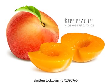 Ripe peaches, whole and half cut slices. Fully editable handmade mesh.  Vector illustration.