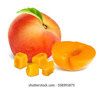 Ripe peaches, whole and slices. Fully editable handmade mesh. Vector illustration.