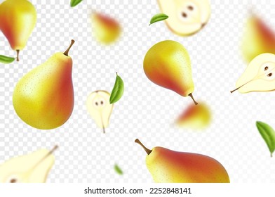 Ripe pear background. Flying juicy pear isolated on transparent background. Blurry effect. Can be used for wallpaper, banner, poster, print, fabric, wrapping paper. Realistic 3d vector illustration